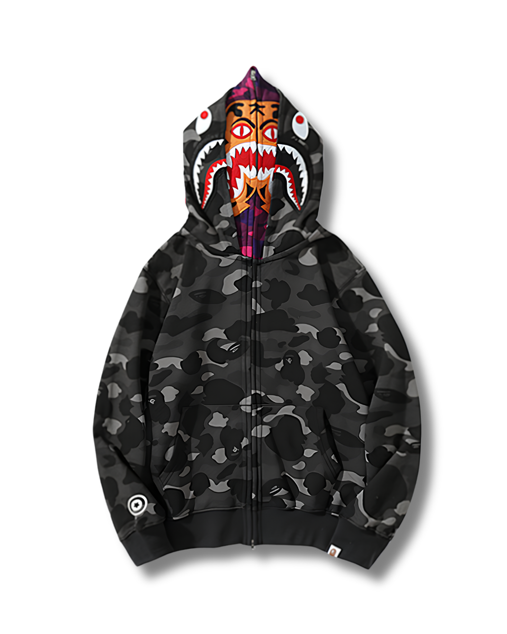 HOODIE ZIPPER BAPE TIGER SHARK DOBLE GORRO